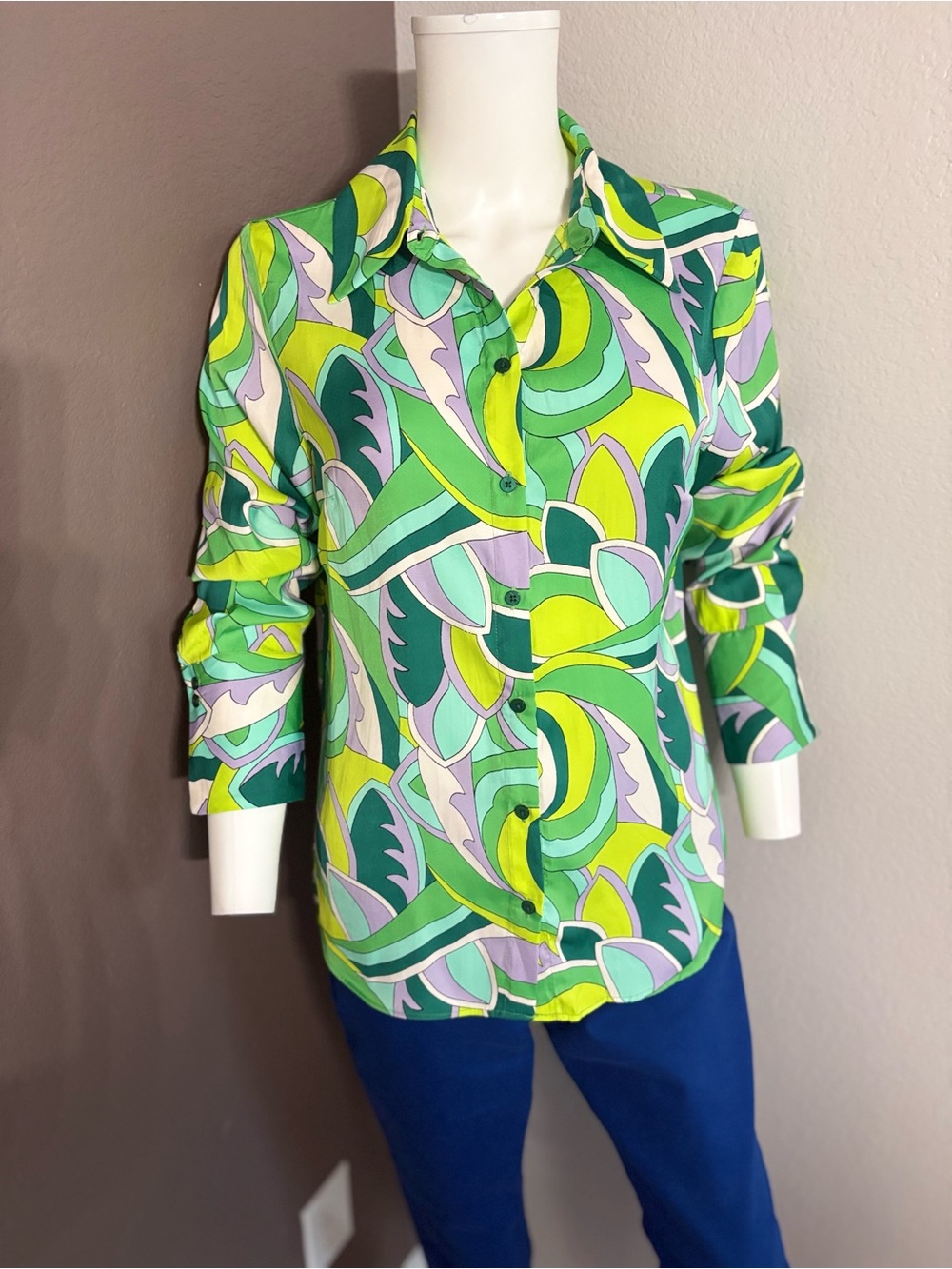 Rachel Zoe Abstract Green, Teal, Lime and Lavender Button-Down Shirt - Picture 5 of 9